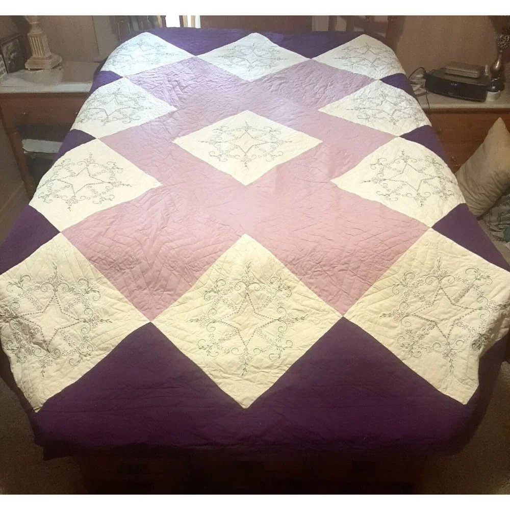 Vintage Purple Quilt Hand Embroidered and Hand Quilted Queen 79 x 102 Queen